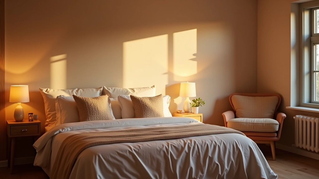 Cozy bedroom with warm lighting, comfortable bedding, and soft furnishings creating a relaxing atmosphere