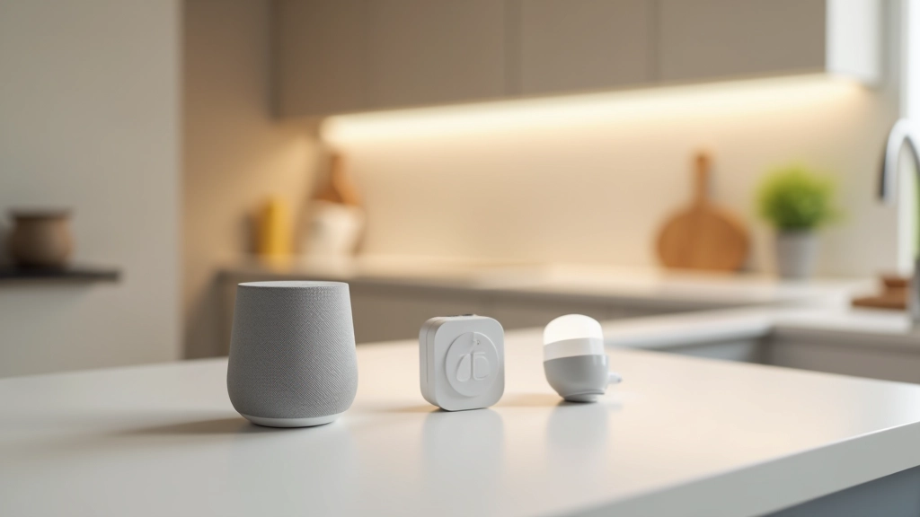 Smart home devices arranged on modern kitchen counter showing practical home automation setup